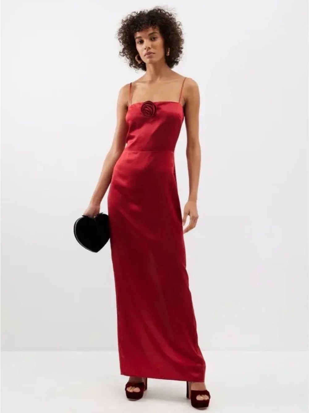 Reformation Crimson Satin Rosette Spaghetti-Strap Maxi Dress